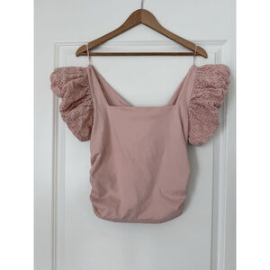 Express Women MD Pink Smocked Balloon Sleeve Boho Cottagecore Tie Back Top